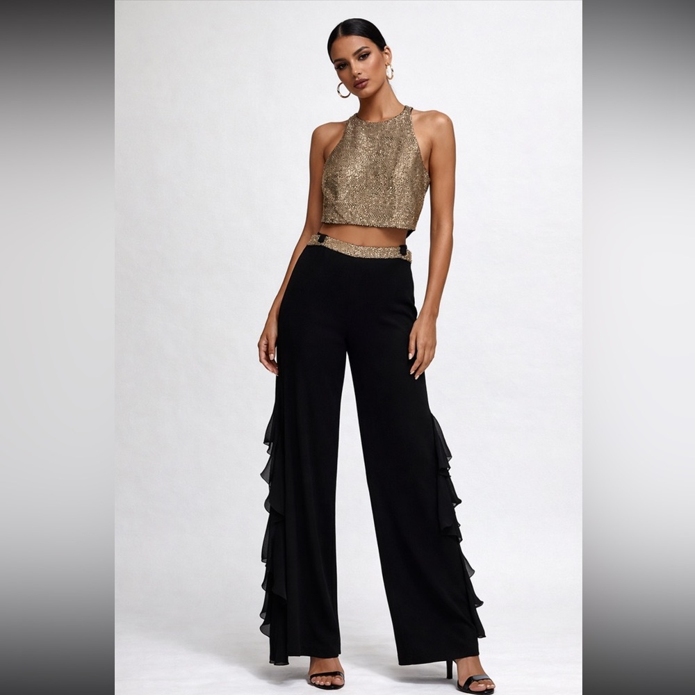 Gold Crop Halter Top & Black Wide-Leg Pants Set